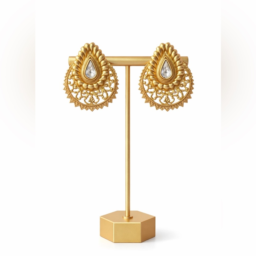 Vintage Gold Tone‎ Filigree Teardrop Earrings Clear Crystal Statement Boho 1.5"